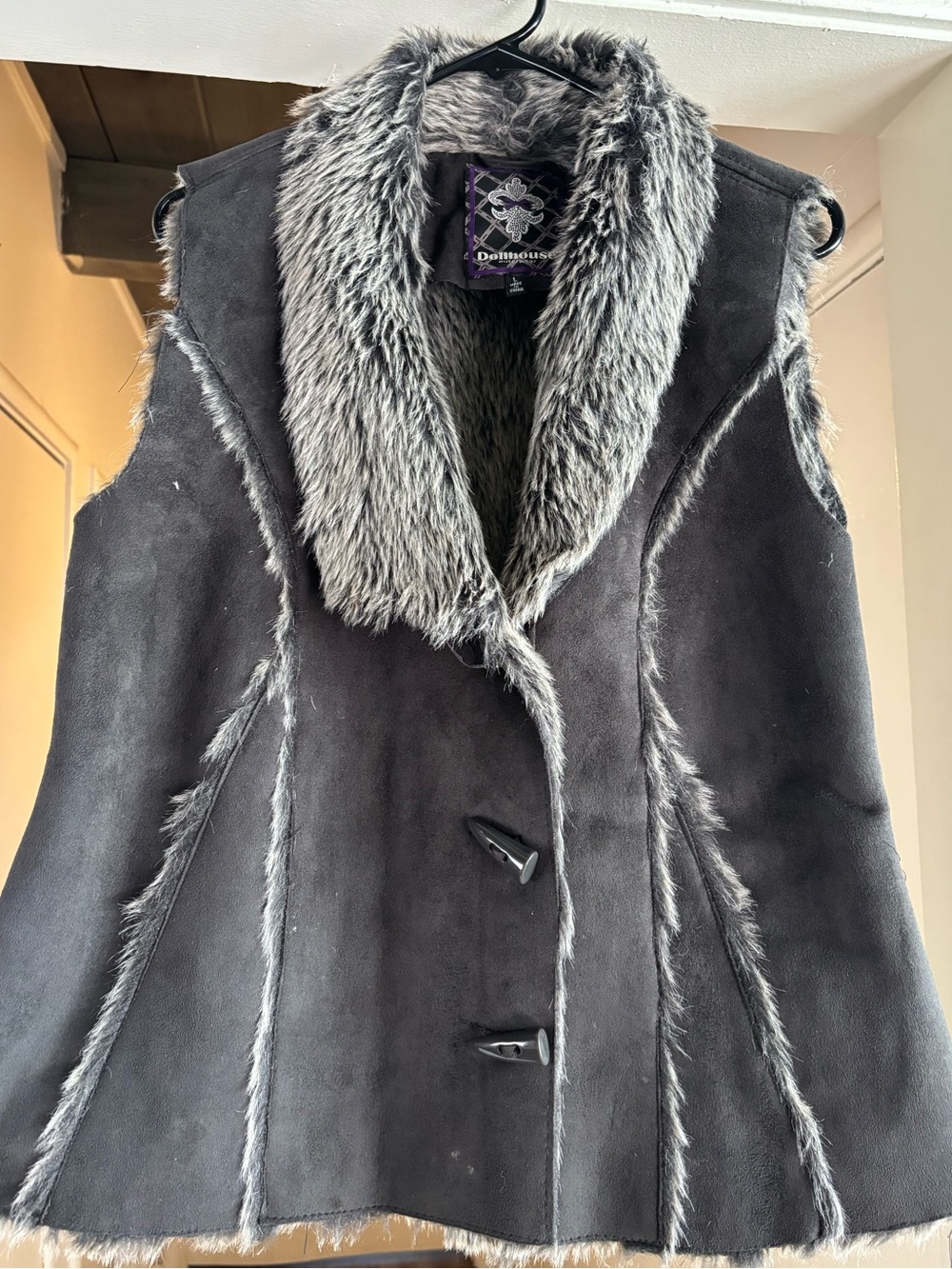 Dollhouse Black Vest with Gray Faux Fur Trim